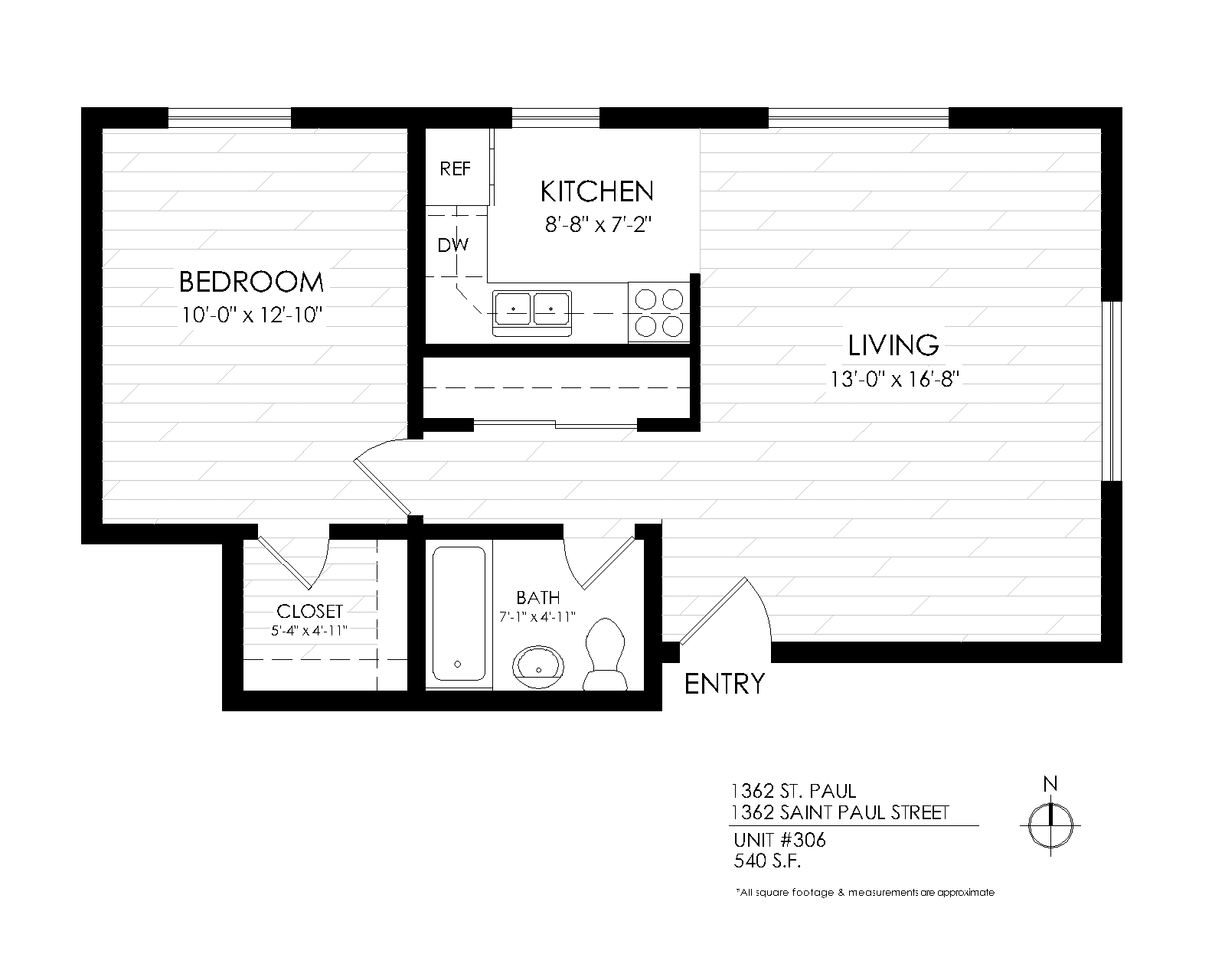 Floor plan for 1 bed, 1 bath, 545 sqft
